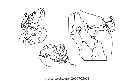 climber rock climbing man vector. cliff silhouette, success challenge, sunset adventure climber rock climbing man character. people black line pencil drawing illustration