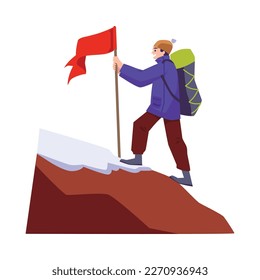 Escalador o escalador de roca izando una bandera en la cima de la montaña. Alpinismo y logros en deportes extremos, ilustración vectorial plana aislada en fondo blanco.