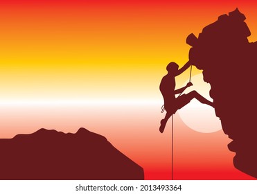 Climber rock mountain silhouette illustration vector design editable, Business teamwork success help concept. Vintage filter.