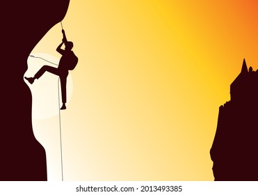 Climber rock mountain silhouette illustration vector design editable, Business teamwork success help concept. Vintage filter.