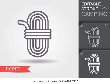 Climber rope icon, Black thin line Rope icon with shadow, Vector of Climber rope for climbing sport, camping and outdoor activities. Outline icon with editable stroke.