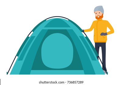 Climber set, camper puts his tent. Character creation. Isolated against white background. Vector illustration. Cartoon flat style.