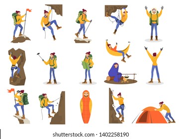 Climber set. Man mountaineering with a special equipment. Outdoor activity with a backpack. Extreme sport and adventure. Isolated vector illustration in cartoon style