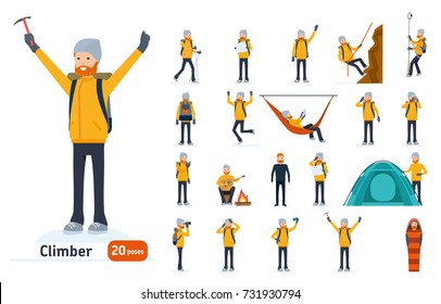 Climber set. Ready to use character set. Climber with a pick on top of a mountain, tourist hiking, resting, walking, trekking. Isolated white background. Vector illustration. Cartoon flat style.
