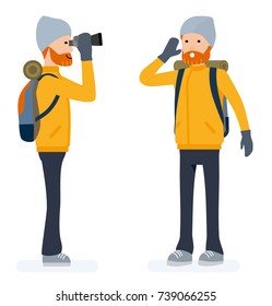 Climber set, tourist looking through binoculars, calls for help. Isolated against white background. Vector illustration. Cartoon flat style.