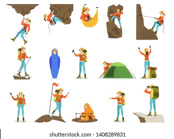 Climber set. Woman in red coat mountaineering with a special equipment. Outdoor activity with a backpack. Extreme sport and adventure. Isolated vector illustration in cartoon style