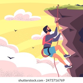 Climber sheer cliff. Mountaineering nature risk climbing dangerous extreme climb sport, hanging mountaineer pulling rope height rock wall, mountaineering vector illustration of cliff extreme mountain