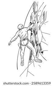 Climber sheer cliff. Rock climber sketch. Hanging mountaineer pulling rope height rock wall. Mountaineering, risk, climbing. Dangerous extreme climb sport. Cliff extreme mountain vector illustration