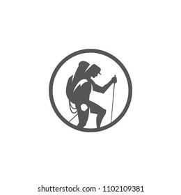 Climber silhouette isolated on white background vector illustration. Hiker vector graphic emblem.