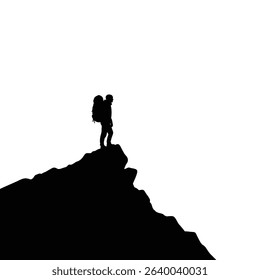 Climber silhouette on mountain peak summit success.