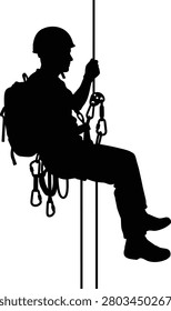 Climber silhouette rappelling with safety rope and harness, industrial climber hanging on line, mountain rescue icon on white background