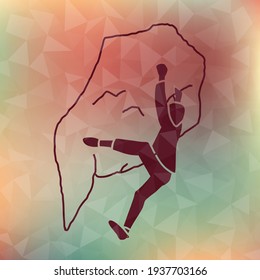 Climber silhouette an a rock vector illustration. Rock climbing badge. Men doing extreme sport, adrenaline activity of strong men. Climber without a rope. EPS 10