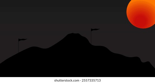 Climber in silhouette standing on rock in beautiful mountains with arms raised on sunrise sky background