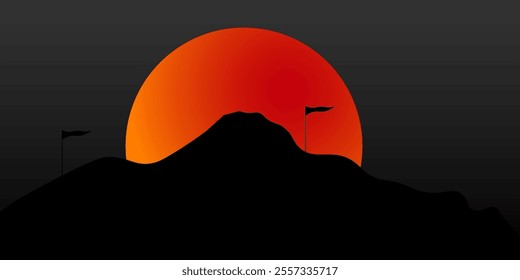 Climber in silhouette standing on rock in beautiful mountains with arms raised on sunrise sky background