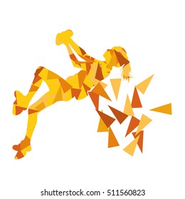 Climber silhouette woman vector background abstract illustration made of polygonal fragments isolated on white