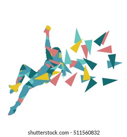 Climber silhouette woman vector background abstract illustration made of polygonal fragments isolated on white