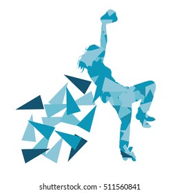 Climber silhouette woman vector background abstract illustration made of polygonal fragments isolated on white
