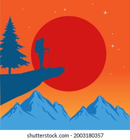 escalador parado al borde de un acantilado al atardecer con un vector de ilustración de fondo de degradado naranja. hombre parado al borde del acantilado al atardecer cargando mochila y palos de barranco