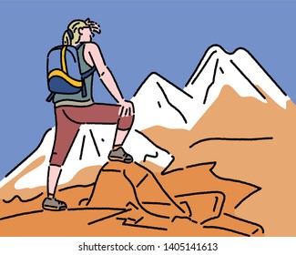 A climber standing on the top of a high mountain. hand drawn style vector design illustrations. 