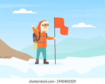 Climber Standing on Top of Mountain with Flag, Mountaineering, Mountain Climbing and Adventure Cartoon Vector Illustration