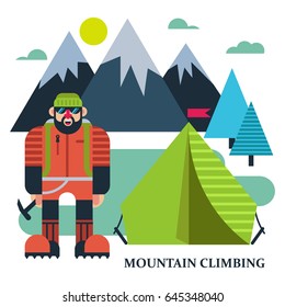 Climber at tents amidst the mountains. Vector illustration extreme sports. Climbing, mountaineering, rock climbing