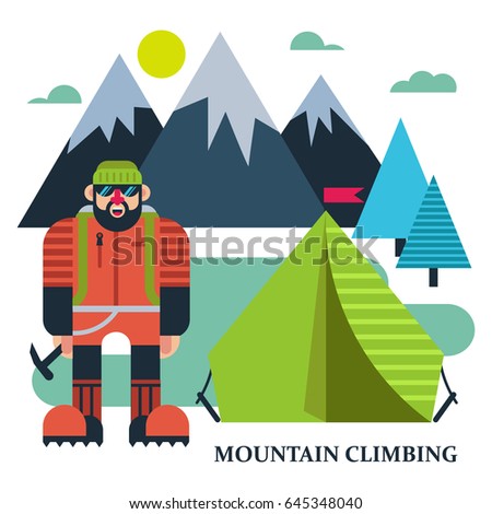 Climber at tents amidst the mountains. Vector illustration extreme sports. Climbing, mountaineering, rock climbing
