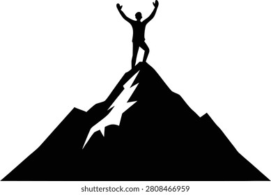 Climber triumphant on mountain peak silhouette vector