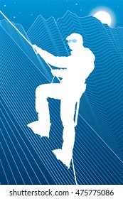 Climber in uniform on a snowy mountain, extreme sport, on high, to hitch, white lines illustration, vector design art