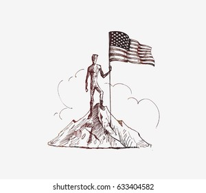 Climber with Usa flag conquering top of mountain. Hand Drawn Sketch Vector Background.