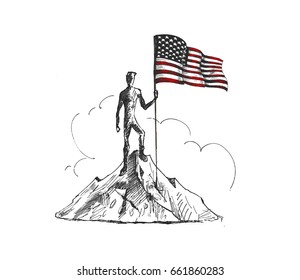 Climber with Usa flag conquering top of mountain. Hand Drawn Sketch Vector Background.