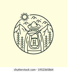 a climber who climbs the mountain in mono line art, patch badge vector, T-shirt Design vector