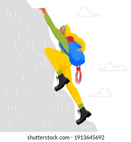 climber. woman climbs the mountain. backpacker vector illustration. conquest of the mountain