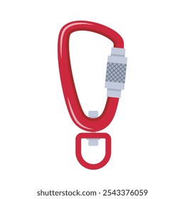 Climbers carbine. Carabiner clip spring hook safety supply for climbing. Sport lock protection alpinist rope rock, mountaineering hiking steel tool, security metal chain. Vector illustration