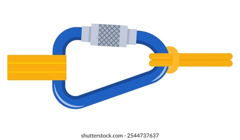 Climbers carbine. Carabiner clip spring hook safety supply for climbing. Sport lock protection alpinist rope rock, mountaineering hiking steel tool, security metal chain. Vector illustration