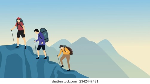 Climbers characters with backpacks hiking in the mountains, summer adventure. Flat vector illustration isolated on a mountain background
