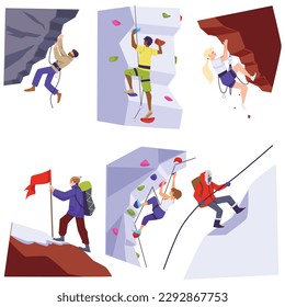 Climbers characters set with backpacks hiking in mountains, flat vector illustration isolated on white background. Traveling, climbing and alpinism bundle.
