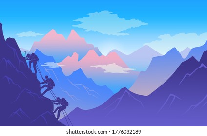 Climbers Climb A Mountain With Climbing Equipment. Active And Dangerous Sport. Climb Up A Steep Rock. Mountain Landscape. Dawn In The Mountains. Mountaineer In The Mountains. Flat Illustration