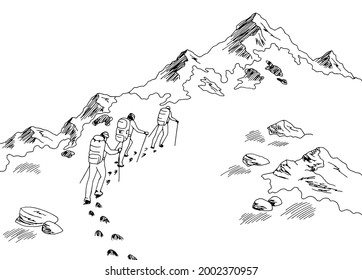 Climbers climb the mountain graphic black white landscape sketch illustration vector 