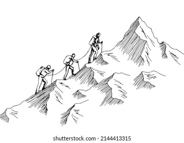 Escaladores escalan la montaña gráfico paisaje blanco negro de la montaña ilustración vector 