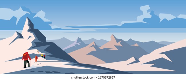 Climbers Climbing Mountain With Snow Field. Snow Hills Landscape. Winter Snowdrift Panoramic Background. Cover On The Theme Of Professional Hiking