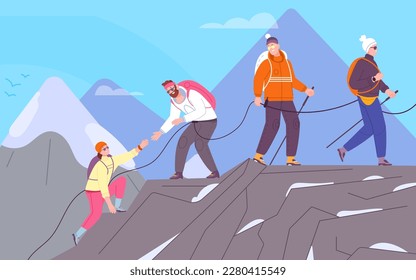 Climbers group. Backpacker team climb to mountain top summit, teamwork helping mountaining expedition risk challenge trekking, hiker lifestyle vector illustration of mountain hiking and climber