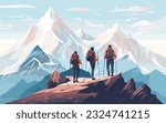 Climbers Group Helping each other Flat Cartoon Vector Illustration. Teamwork Concept. People with Backpacks or Backpacks Hiking in Mountains.