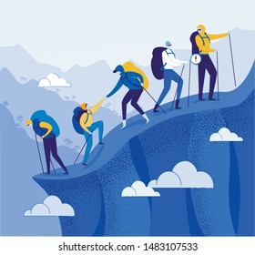 Climbers Group Helping each other Flat Cartoon Vector Illustration. Teamwork Concept. People with Racksacks or Backpacks Hiking in Mountains. Leader on Top with Compass. Traveling and Trekking.