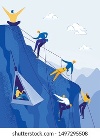 Climbers Group Reaching Peak Flat Cartoon Vector Illustration. Teamwork Concept. People with Equipment Hiking in Mountains. Happy Man Leader on Top. Traveling and Trekking. Taking up Girl.