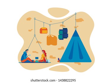Climbers Hanging Tents Cartoon Vector Illustration. Rock Climbing, Mountaineering Extreme Sport, Hiking Summer Vacation. Hikers Team Relaxing in Camp Flat Characters. Couple Drinking Hot Tea