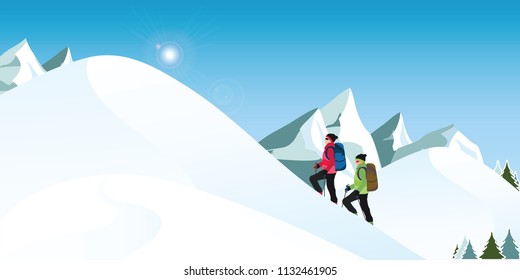 Climbers is hiking in snowy winter mountains in winter season against blue sky background, sport extreme vector illustration.