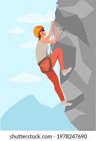 Climbers. Mountain rock climbers healthy active lifestyle activities. Young male climber in protective helmet climbing rock mountain set, extreme sport and leisure activity concept vector 