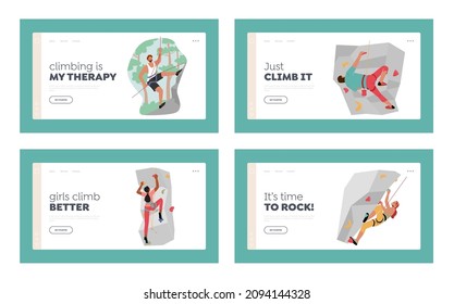 Climbers Mountaineering Extreme Sport Activity, Mountaineers Sport Landing Page Template Set. Male and Female Characters Climbing Mountain and Wall with Grips. Cartoon People Vector Illustration