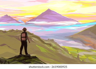 Climbers in the mountains are standing on the top of the mountain enjoying the beauty of the natural scenery