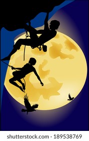 Climbers on the background of the full moon 